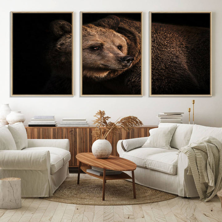 The Wild Grizzly 399 Bear Canvas Wall Art Print enhances modern living rooms with its neutral color palette.