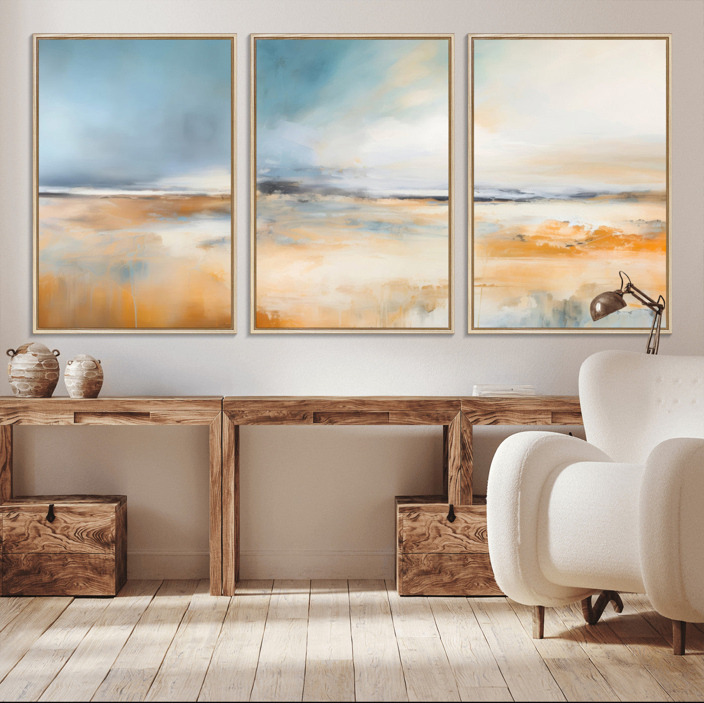 -Abstract Landscape Wall Art Canvas Print - Warm Tones of Orange and Blue, Modern Framed Art for Home