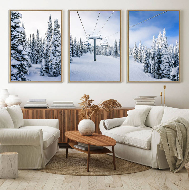 Winter Ski Lift Wall Art Print: Snowy Mountain Adventure, ideal for cabin or farmhouse decor under a clear blue sky.