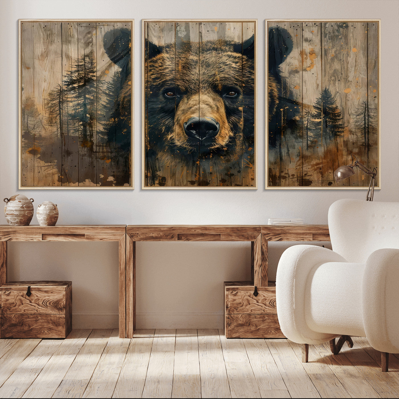 51373-MGV-CV-36X24-Abstract 399 Bear Wall Art | Rustic Cabin Wall Decor with Forest Design | Framed and Ready to Hang |
