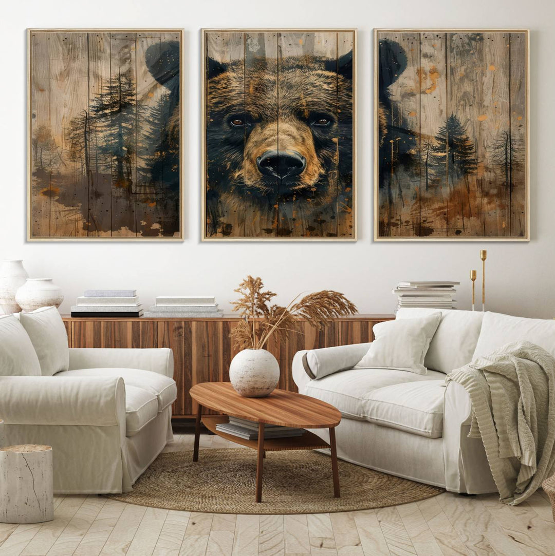 Abstract 399 Bear Wall Art showcases a bears face intertwined with forest trees, ideal for enhancing rustic lodge, cabin, or barn decor.