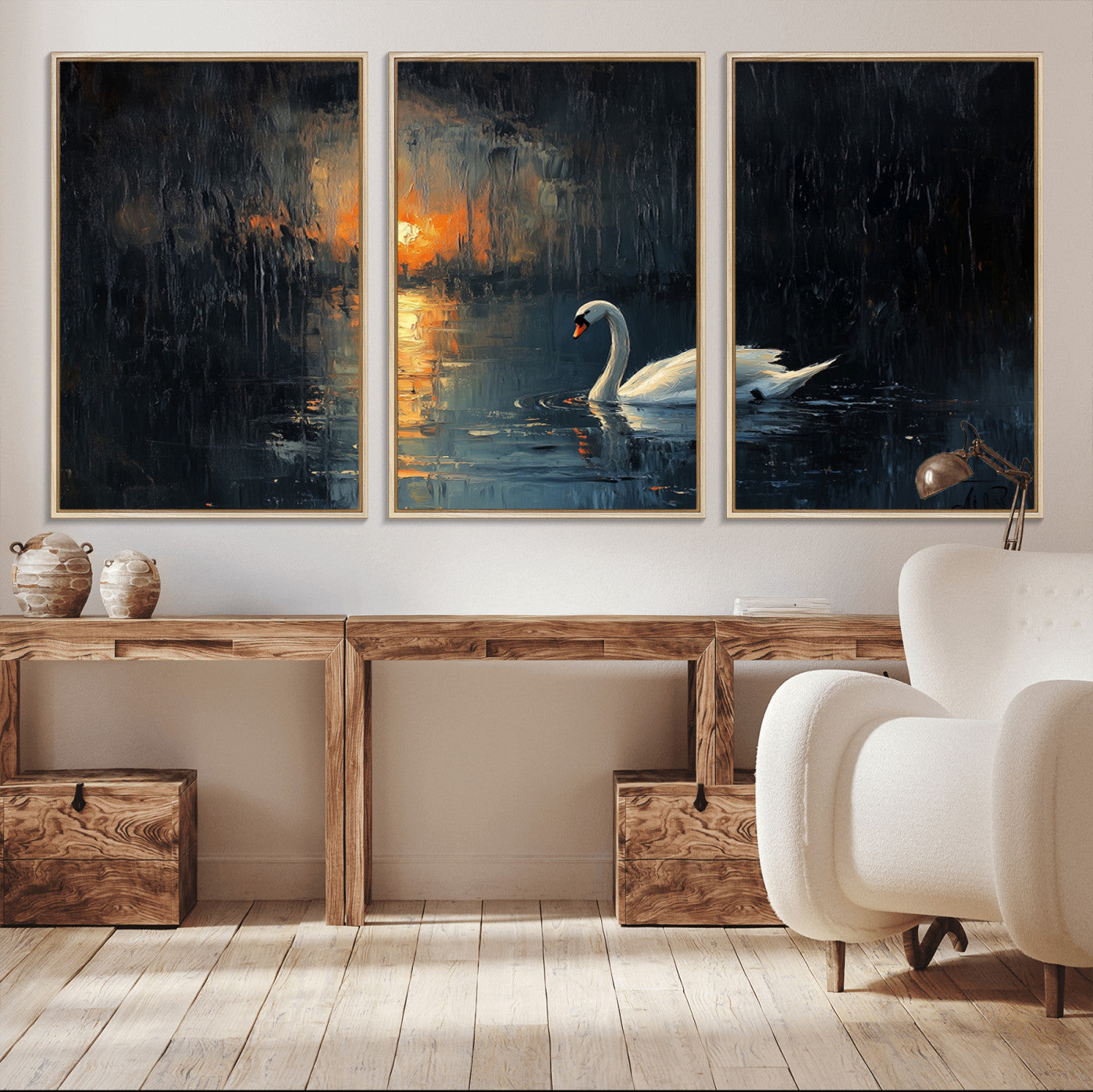 80615-MGV-FC-60X30-3P_Natural-Abstract Swan on Water Wall Art Canvas Print - Elegant Nature Scene for Modern Home Decor