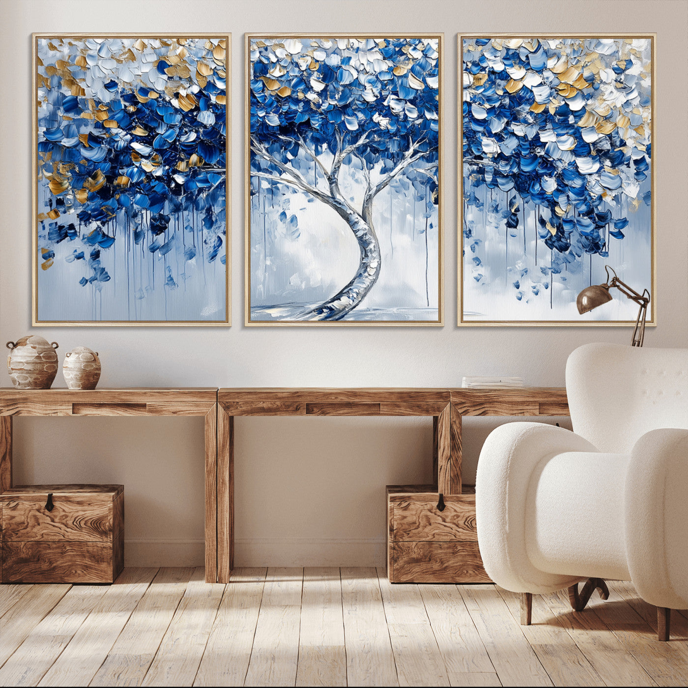 MGV-FC-60X30-3P - Blue and Gold Abstract Tree Wall Art Canvas Print | Modern Tree of Life Painting | Framed Canvas