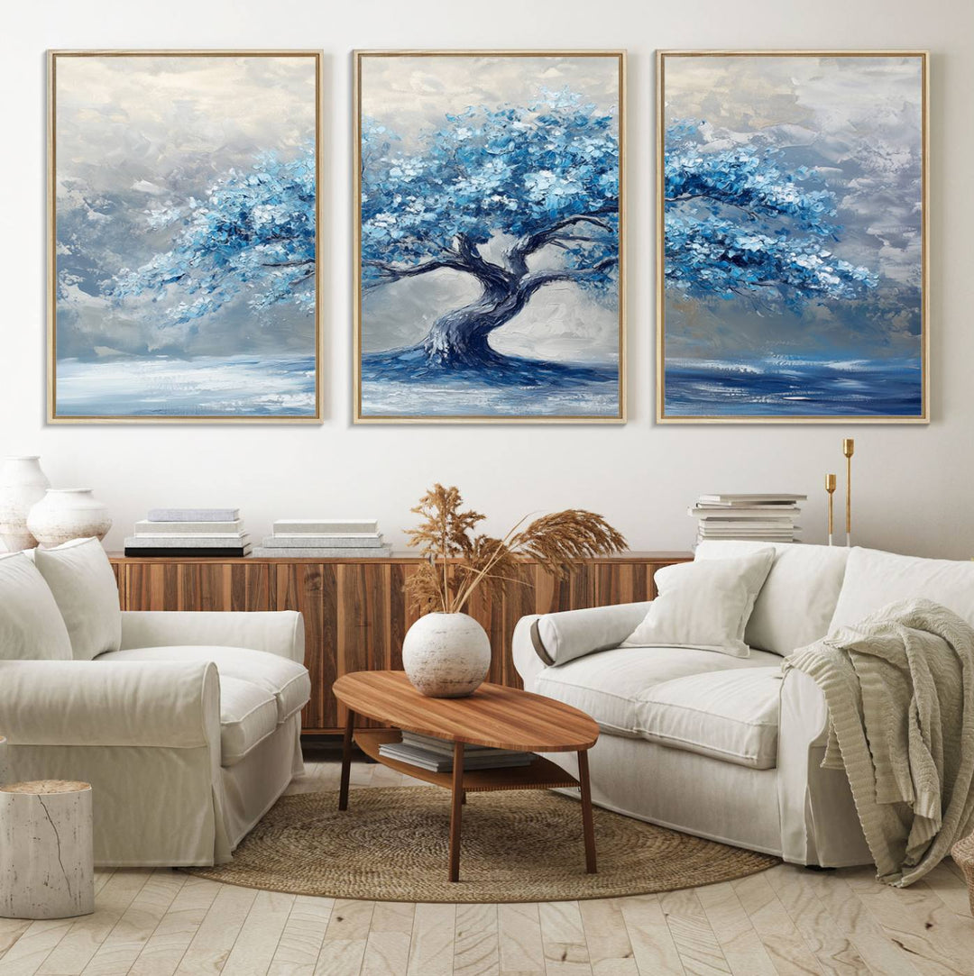 Abstract Blue Tree Art Print featuring textured blues and grays, perfect for farmhouse decor.