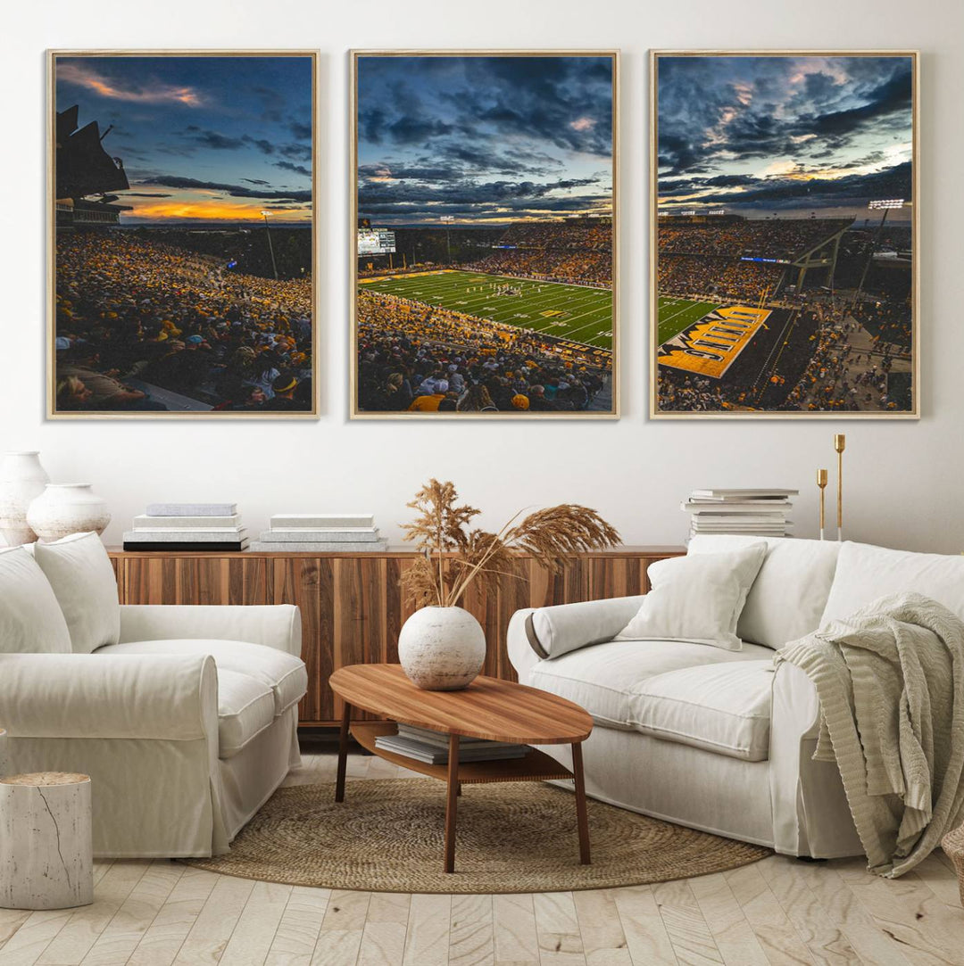 This University of Wyoming Cowboys canvas print features an aerial view of War Memorial Stadium at dusk, highlighted by dramatic clouds.