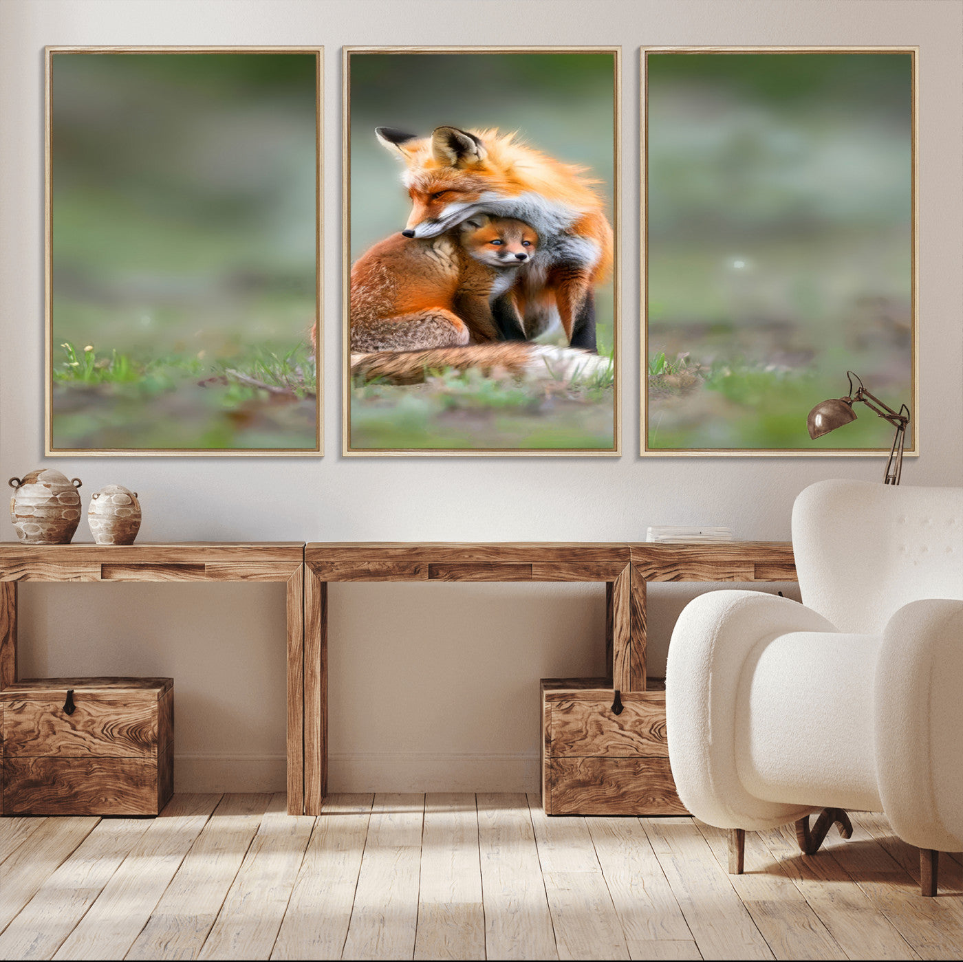 MGV-FC-60X30-3P - Heartwarming Fox and Baby Cub Wall Art | Ready to Hang Canvas Print of Foxes in Nature | Perfect for