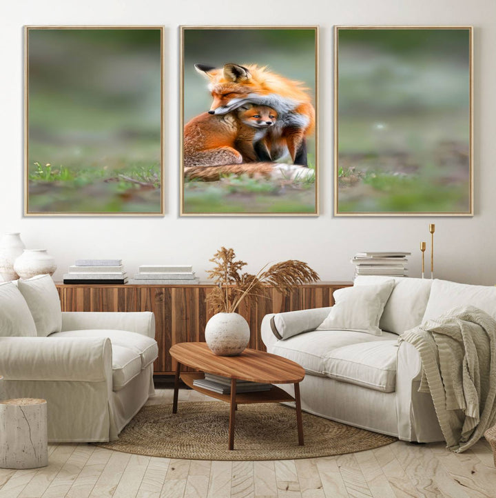 Heartwarming Fox and Baby Cub Wall Art - ready to hang, ideal for animal lovers, rustic decor, and cabin wall art.