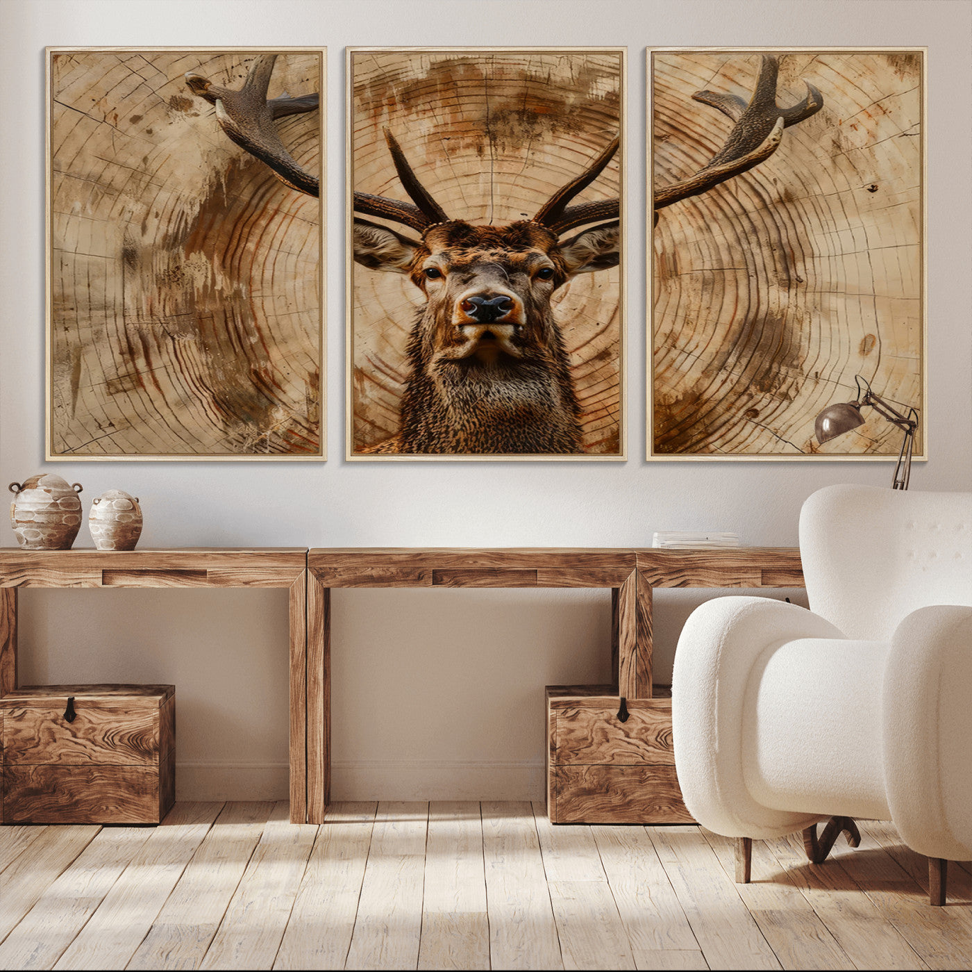 19375-MGV-CV-36X24-Wood Abstract Deer Wall Art | Rustic Wildlife Canvas Print | Ready to Hang Stag Head Triptych for