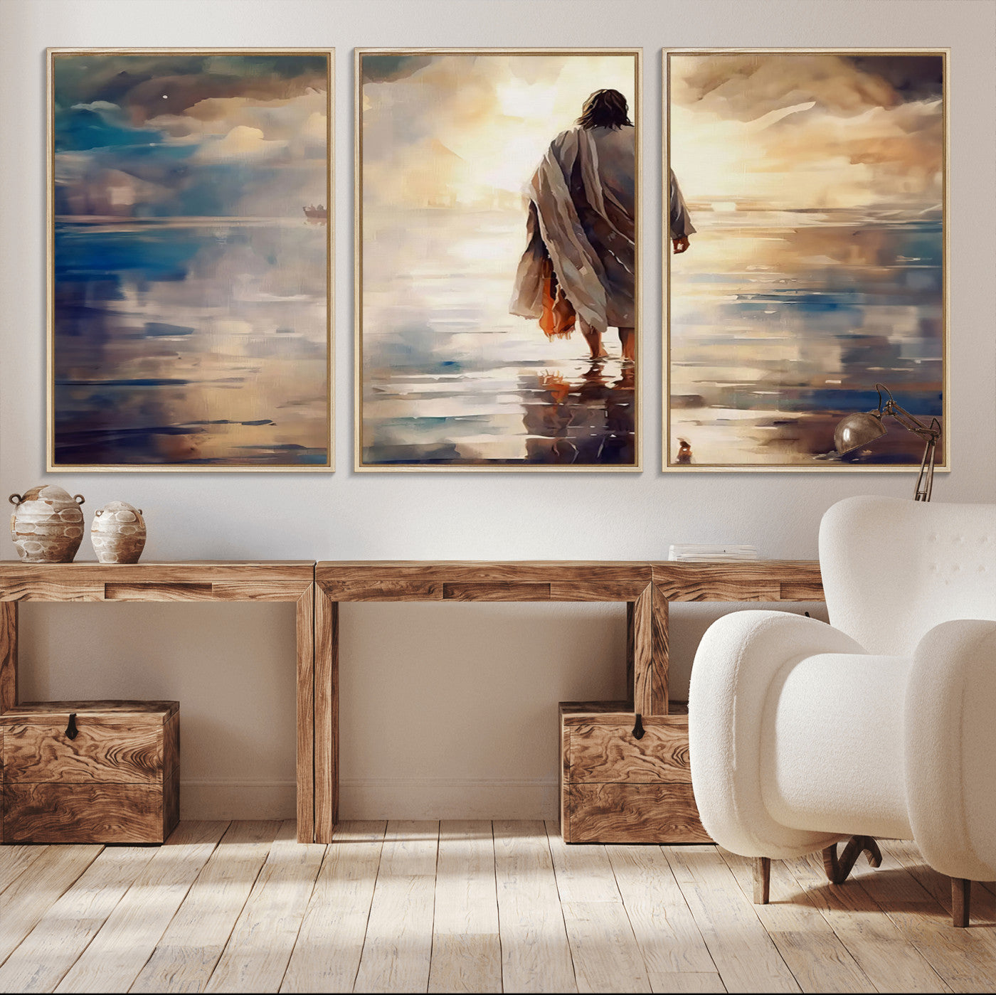 MGV-FC-60X30-3P - Jesus Walking on Water Wall Art | Ready to Hang Spiritual Triptych Canvas Print | Inspirational