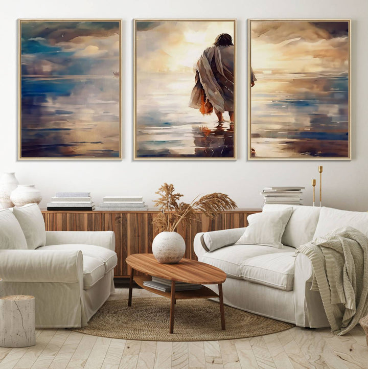 The wall art depicts a robed figure walking on water towards a boat, framed by a stunning sunset. This is showcased in the Jesus Walking on Water Triptych Canvas Print.