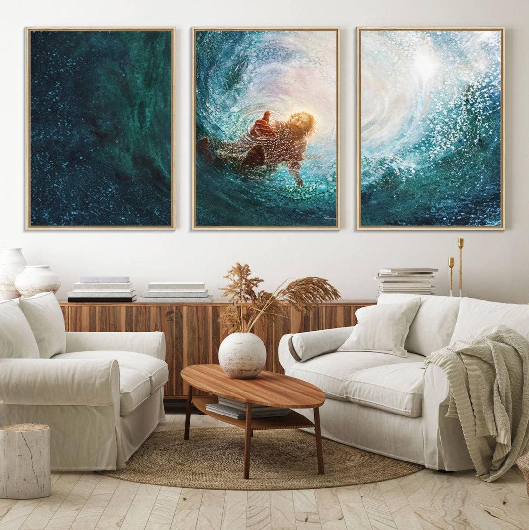 A swimmer heads towards light in an ethereal vortex on the Powerful Jesus Canvas Print - Hand of Salvation, Inspirational Wall Art.