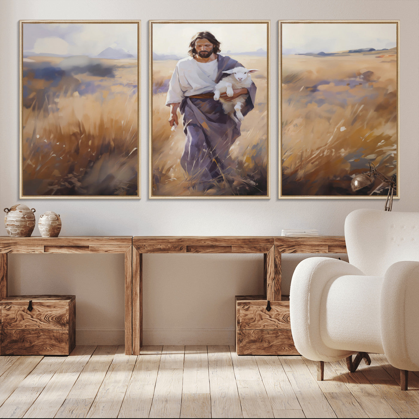 MGV-FC-60X30-3P - Jesus the Good Shepherd Wall Art Canvas Print - Lost Lamb Print for Prayer Room Decor