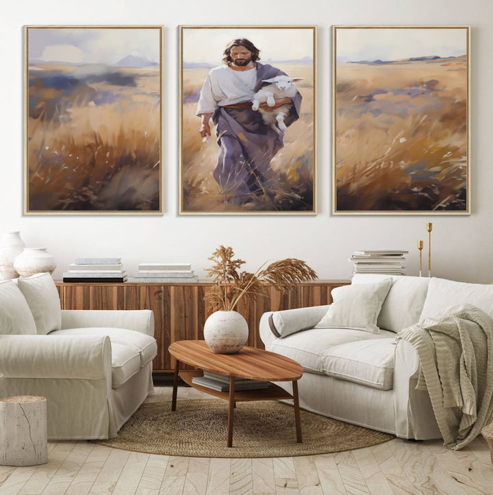 A canvas art piece depicts a bearded man carrying a lamb in a field, reminiscent of Jesus the Good Shepherd, ideal for prayer room decor.