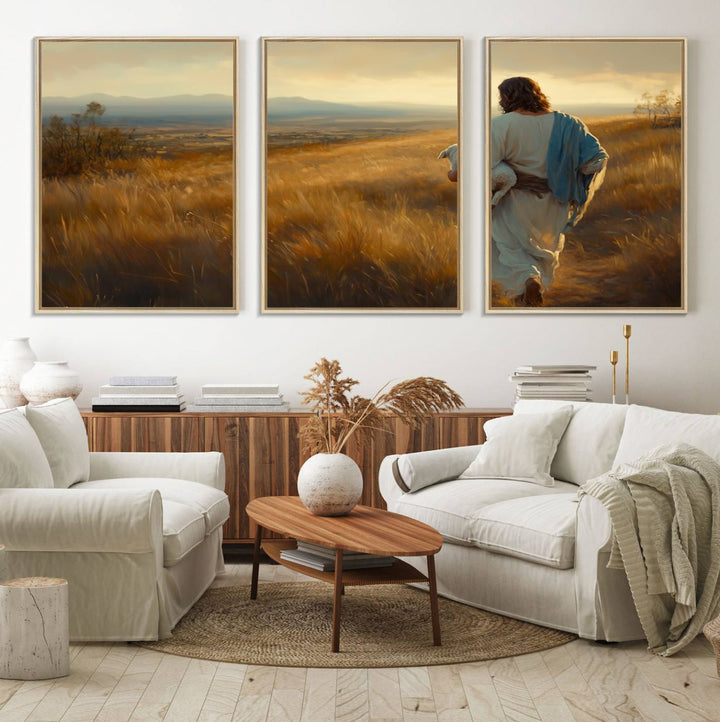 The wall art, titled Jesus the Good Shepherd, depicts a golden field at sunset.