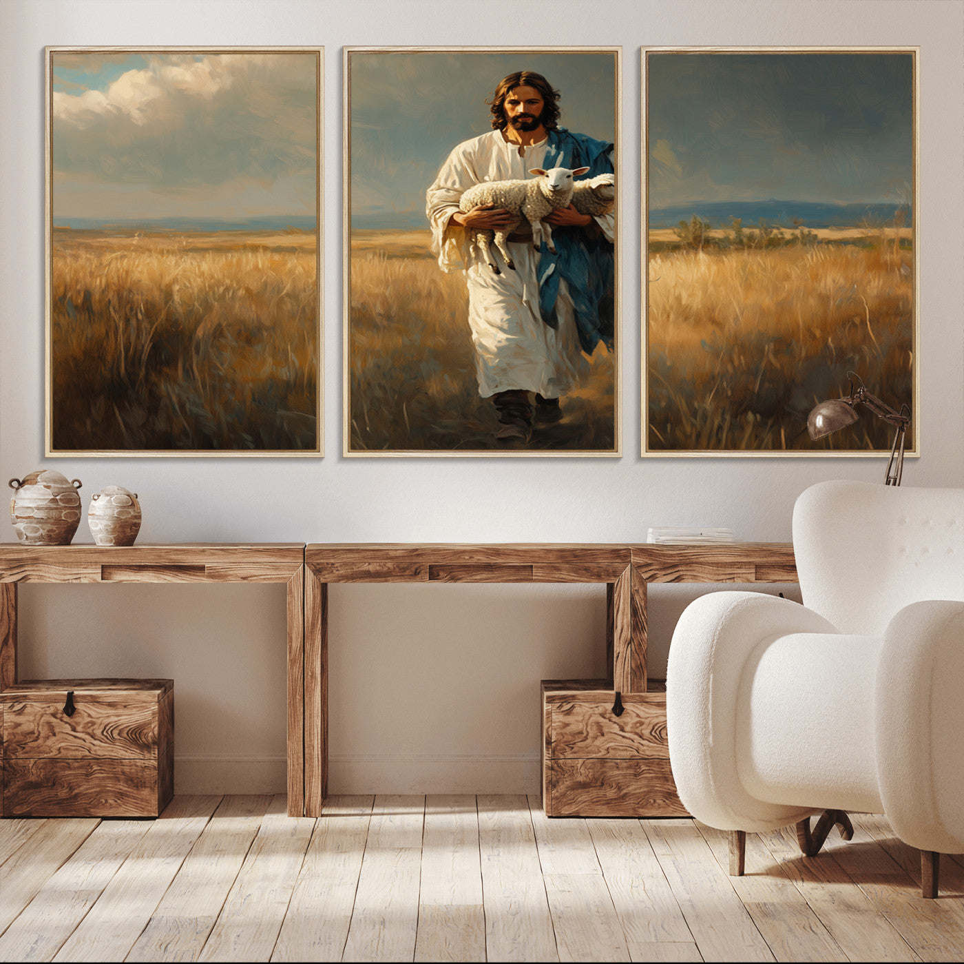 36769-MGV-FC-60X30-3P_Natural-Jesus Shepherd Wall Art | Ready to Hang Triptych Canvas of Jesus Holding a Lamb in a Field |