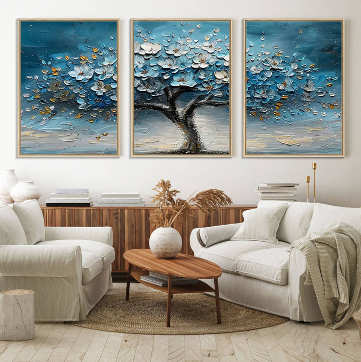 Abstract Blooming Tree Wall Art Print features blue, white, and gold textures on museum-quality canvas, perfect for modern decor.