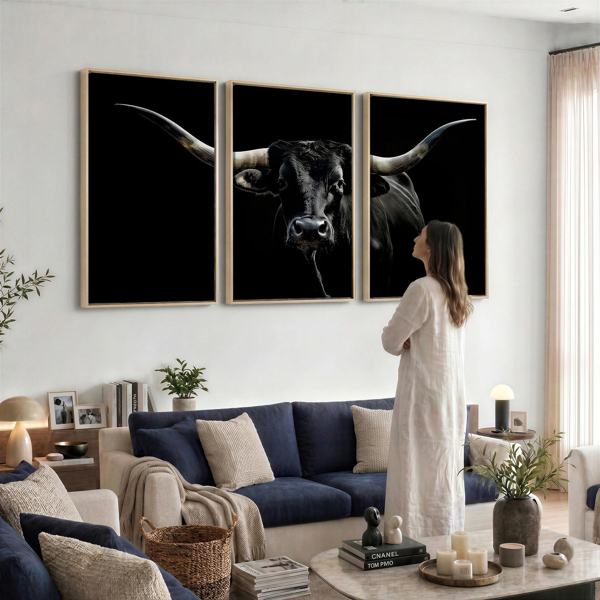 20679-MGV-CV-24X16 - Texas Black Longhorn Bull Wall Art Canvas Print, Western Cattle Rustic Decor