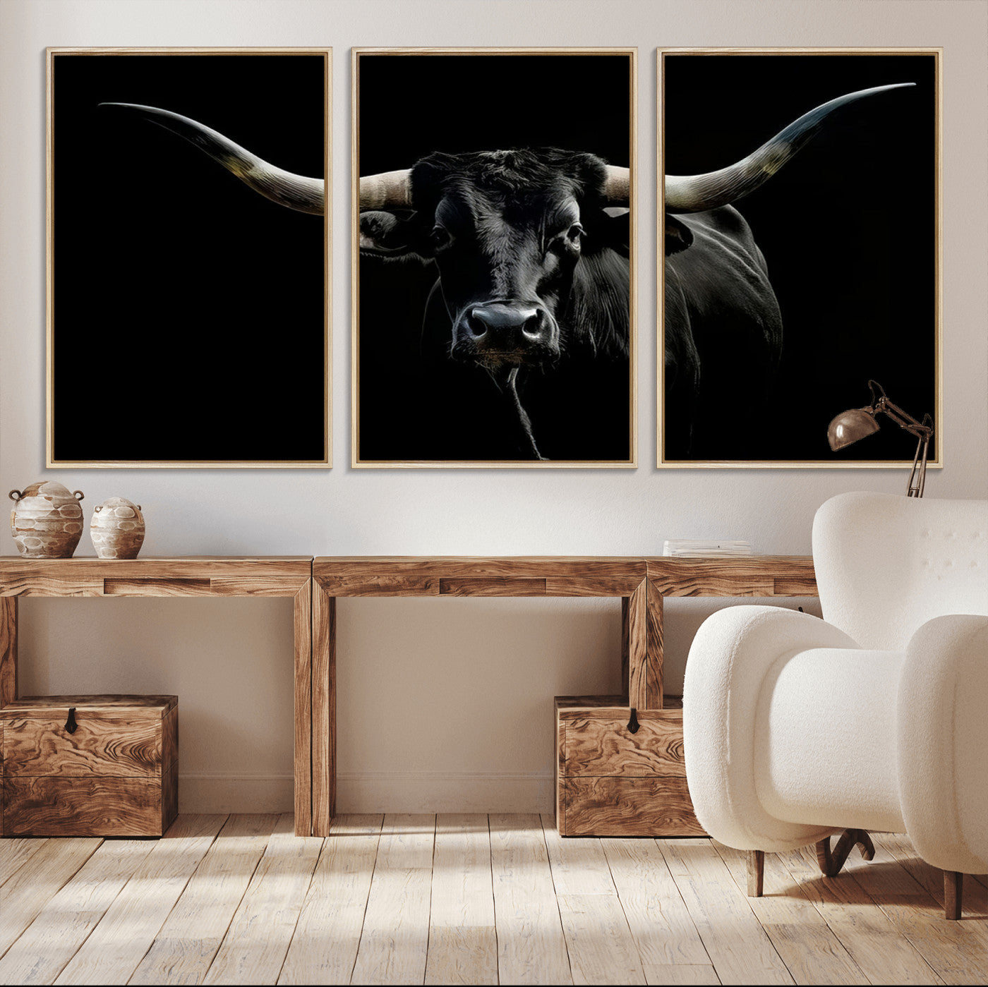 MGV-FC-60X30-3P - Texas Black Longhorn Bull Wall Art Canvas Print - Western Texas Cattle Rustic Decor Print - Longhorn