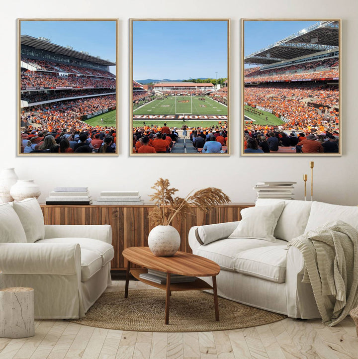 Wide-angle view of Corvallis Reser Stadium with Oregon State field, depicted in Beavers team print canvas art.