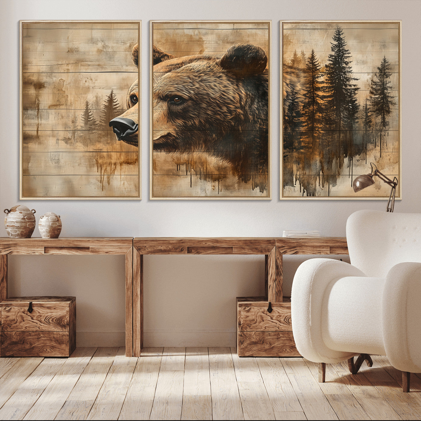 MGV-FC-60X30-3P - Rustic Grizzly Bear Wall Art, Abstract Grizzly 399 Bear Wall Art Canvas Print - Woodland Wildlife