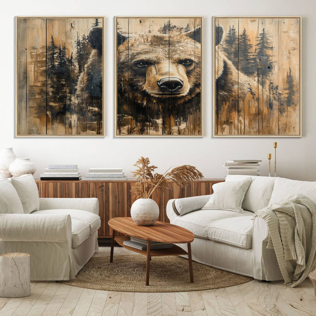 Majestic Grizzly 399 Bear 3-panel rustic canvas print with woodland theme.