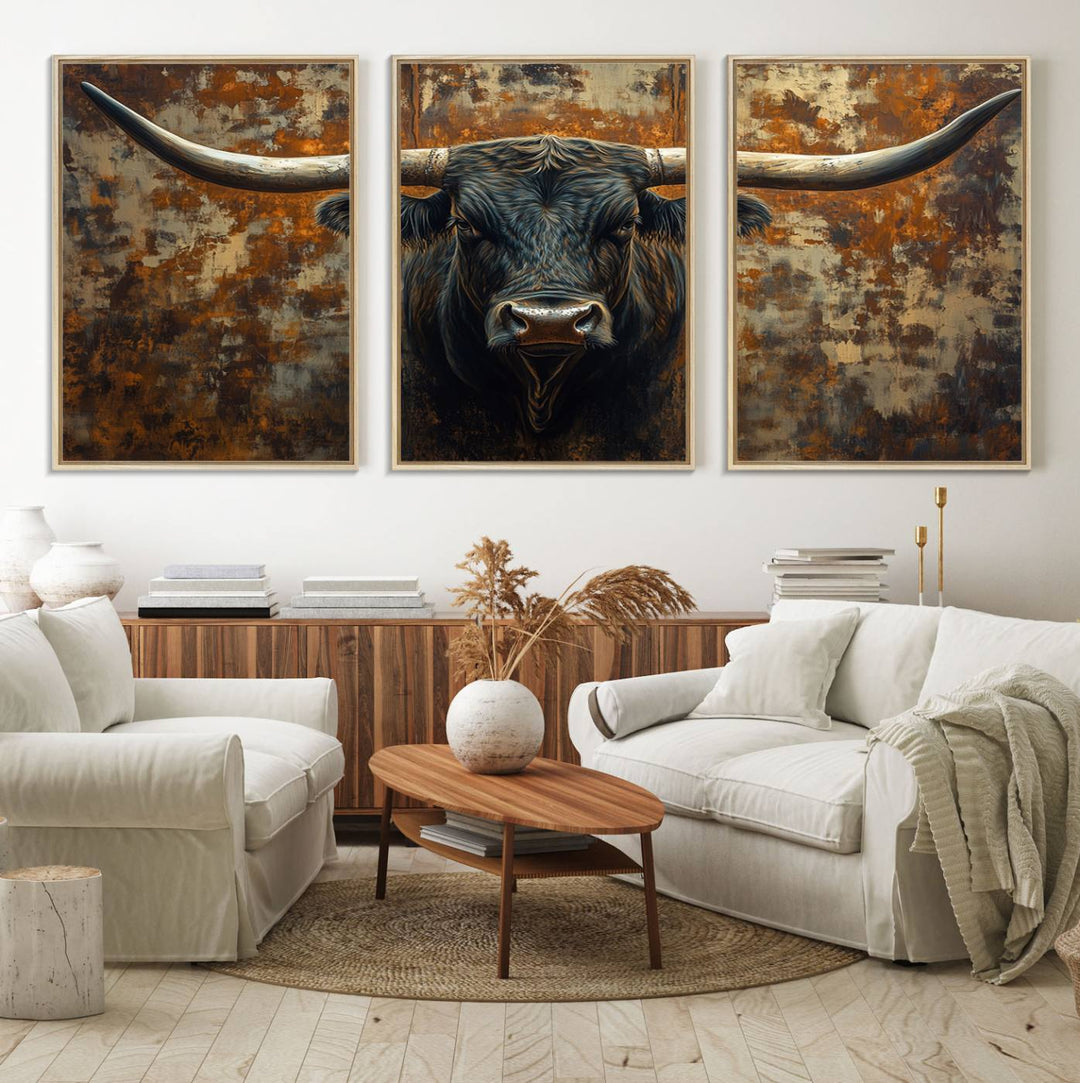 The Longhorn Texas Cow Bull Wall Art canvas print showcases rustic farmhouse decor.