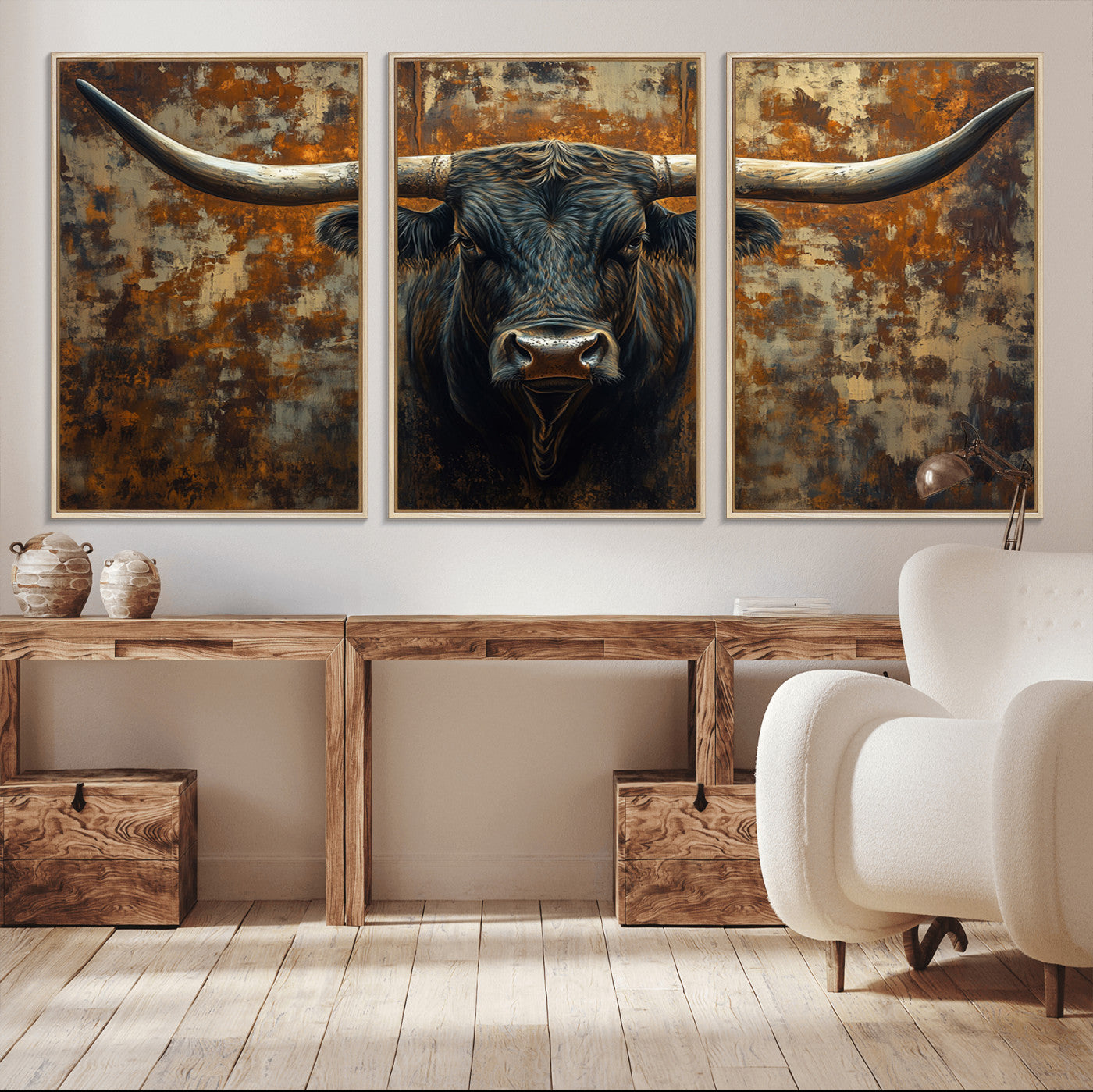 MGV-FC-60X30-3P - Longhorn Texas Cow Bull Wall Art | Rustic Farmhouse Canvas Print | Ready to Hang Barn Decor for