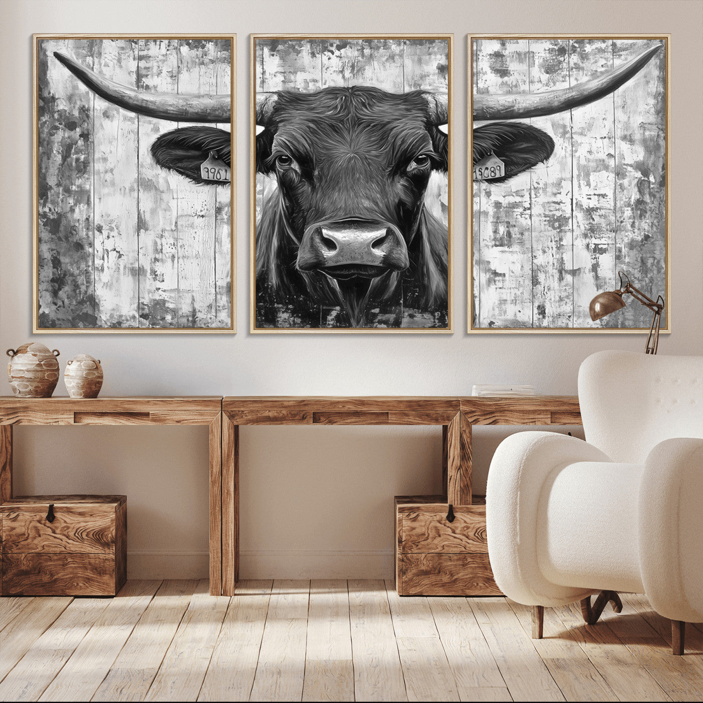 MGV-FC-60X30-3P - Abstract Longhorn Bull Wall Art Canvas Print - Rustic Texas Western Cow Artwork