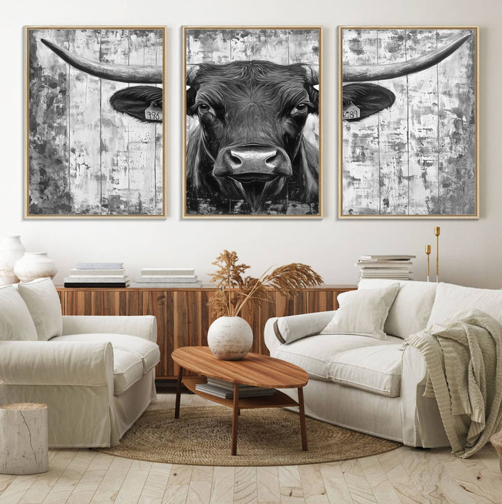 Abstract Longhorn Bull canvas print, featuring rustic Texas-themed wall art on a wooden background, ideal for Western decor.