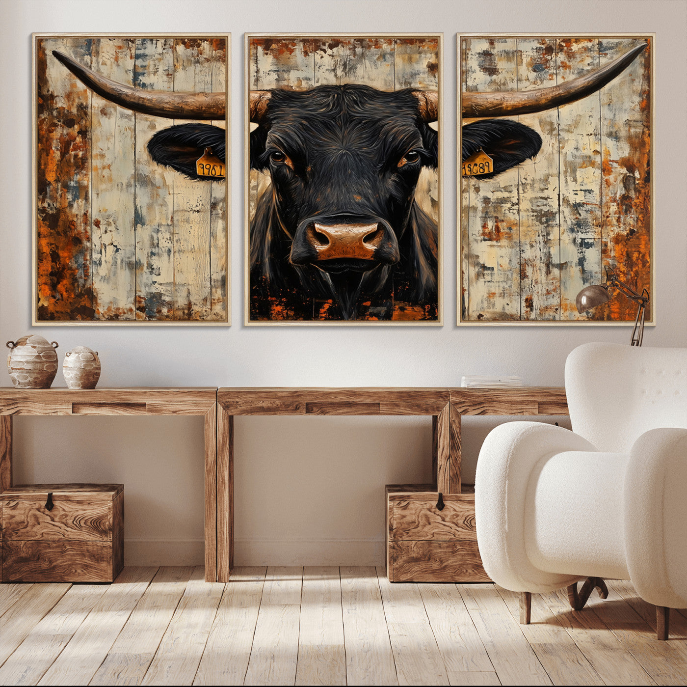MGV-FC-60X30-3P - Rustic Texas Artwork Wall Art Canvas Print - Abstract Cow Longhorn Bull Wall Art Canvas Print