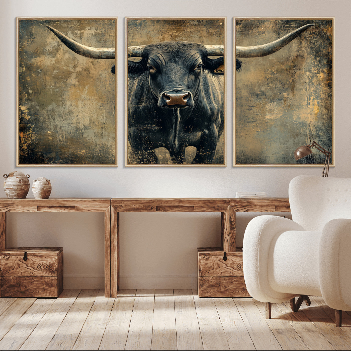 MGV-FC-60X30-3P - Longhorn Bull Wall Art Canvas Print, Framed Rustic Cow Art Picture Print, Texas Longhorn Perfect Western Decor Artwork