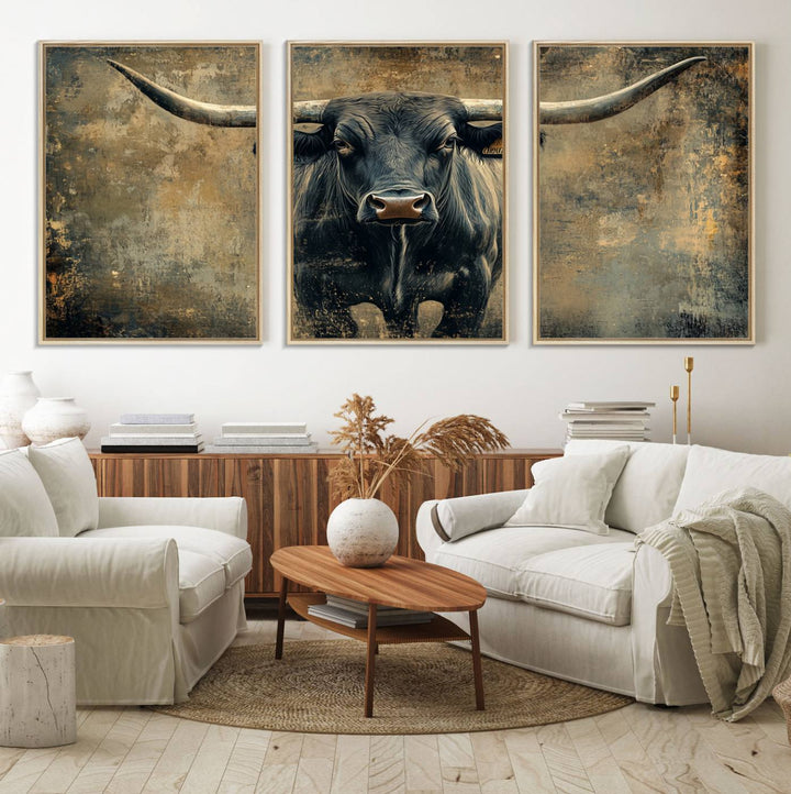 The Longhorn Bull Canvas Print features a bull with prominent horns facing forward, depicted in abstract Texas Western art style.