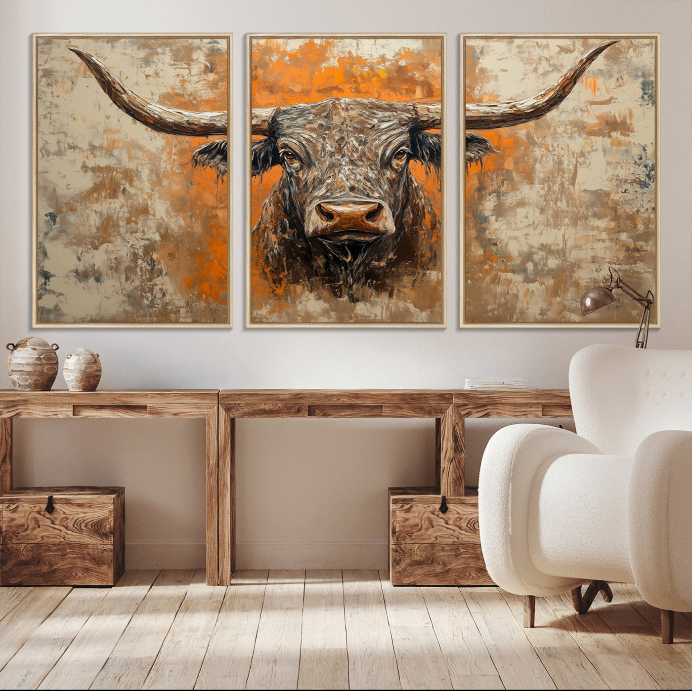 MGV-FC-60X30-3P - Abstract Cow Longhorn Bull Wall Art Canvas Print - Rustic Texas Western Cattle Artwork
