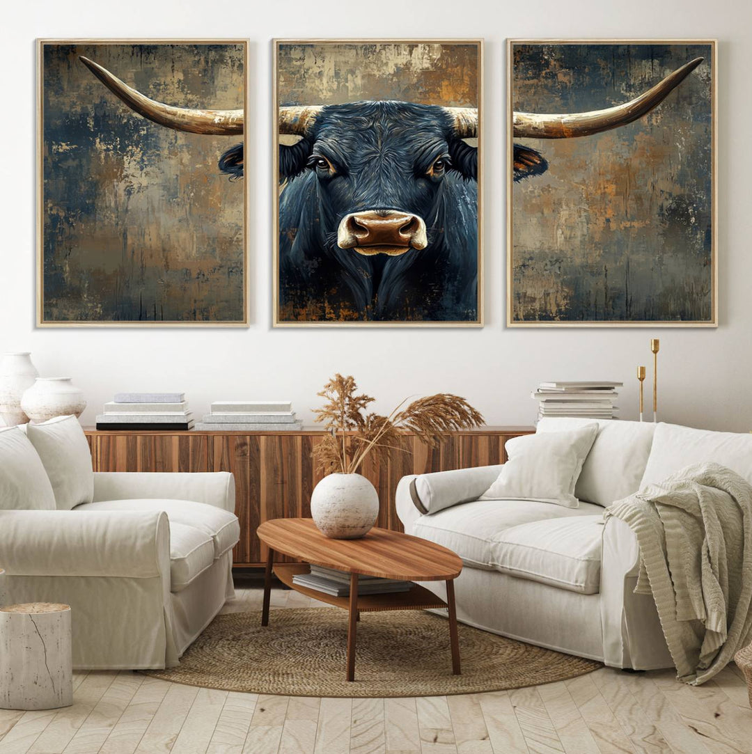 The Texas Western Wall Art Canvas Print showcases a Longhorn Bull set against an abstract brown and gray backdrop, making it perfect for rustic decor.