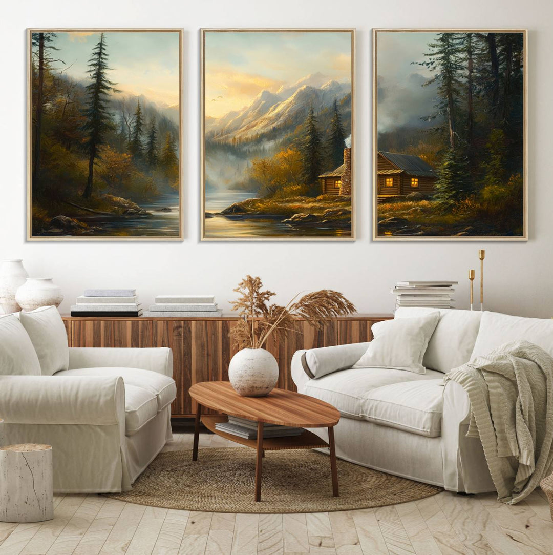 A cozy Wood Cabin Retreat Mountain at Sunset Wall Art features a serene forest and river landscape with smoke rising on a canvas print.