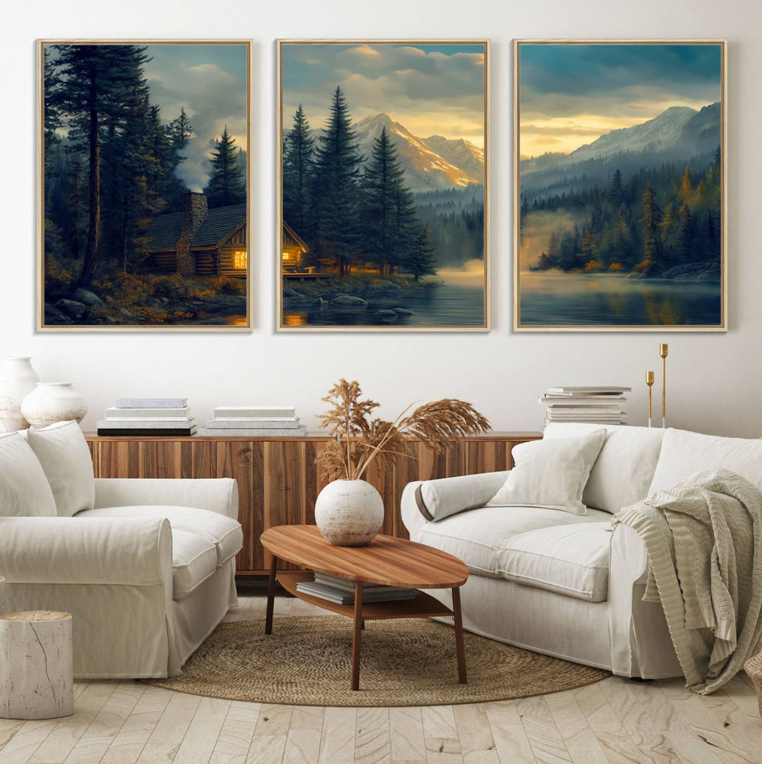 Serene sunset lake wall art: a cozy mountain cabin with lights, framed by pine trees and set against a moody sky. Ideal for adding rustic lodge charm to your space.