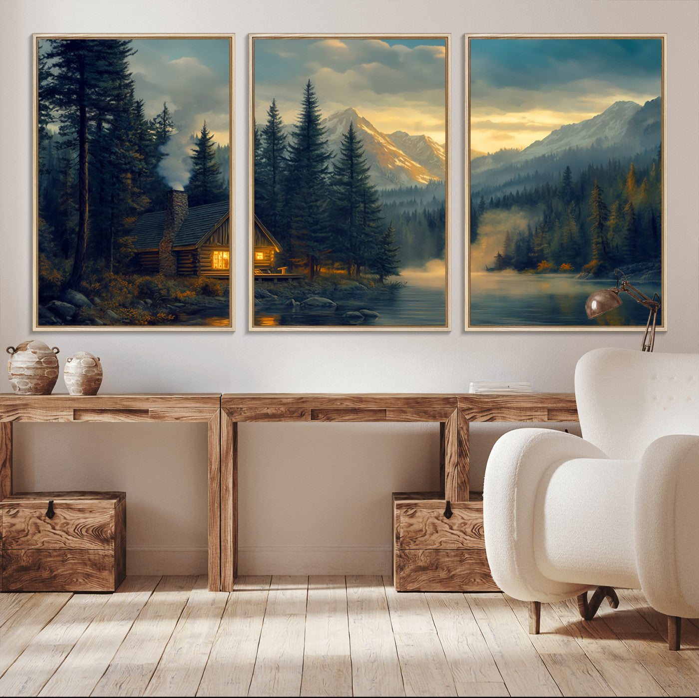 MGV-FC-60X30-3P - Mountain Cabin by the Lake at Sunset Wall Art - Serene Nature Canvas Print for Living Room Decor,