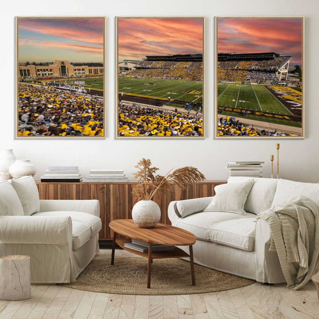 Capture the essence of a packed War Memorial Stadium at sunset with the Cowboys Football Canvas Print, highlighting fans cheering in yellow.