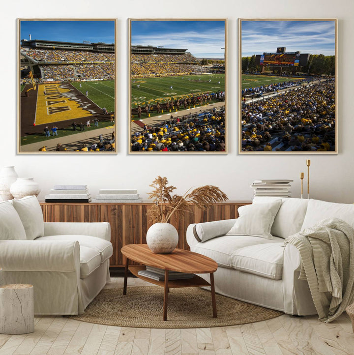 Canvas Wall Art Print: University of Wyoming Cowboys action at Jonah Field War Memorial Stadium under a sunny blue sky.