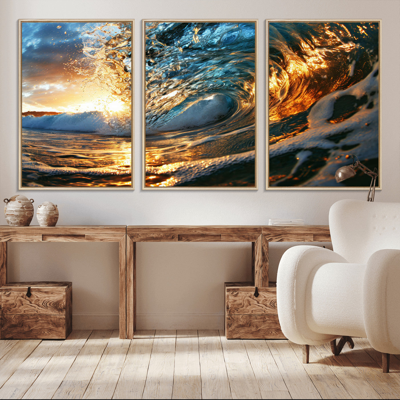 MGV-FC-60X30-3P - Ocean Wave at Sunset Canvas Wall Art – Vibrant Coastal Beach Waves Print, Large Nautical Decor,