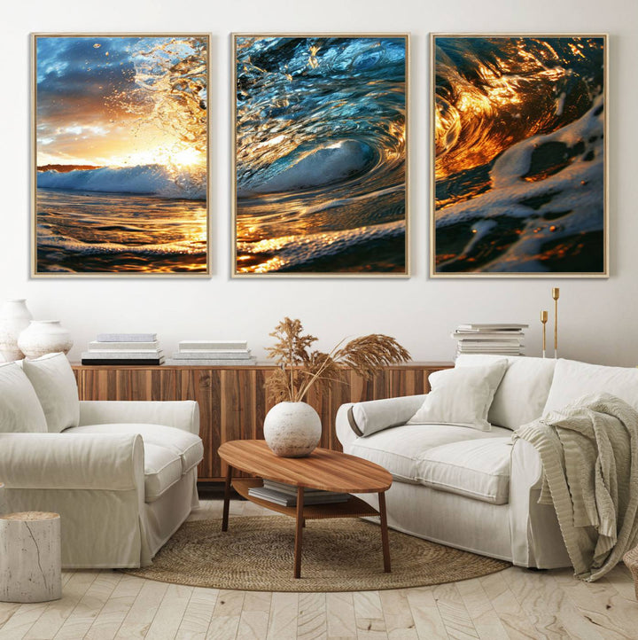 The Ocean Wave at Sunset canvas captures fiery waves with golden and blue hues, making it a perfect addition to nautical-themed decor.