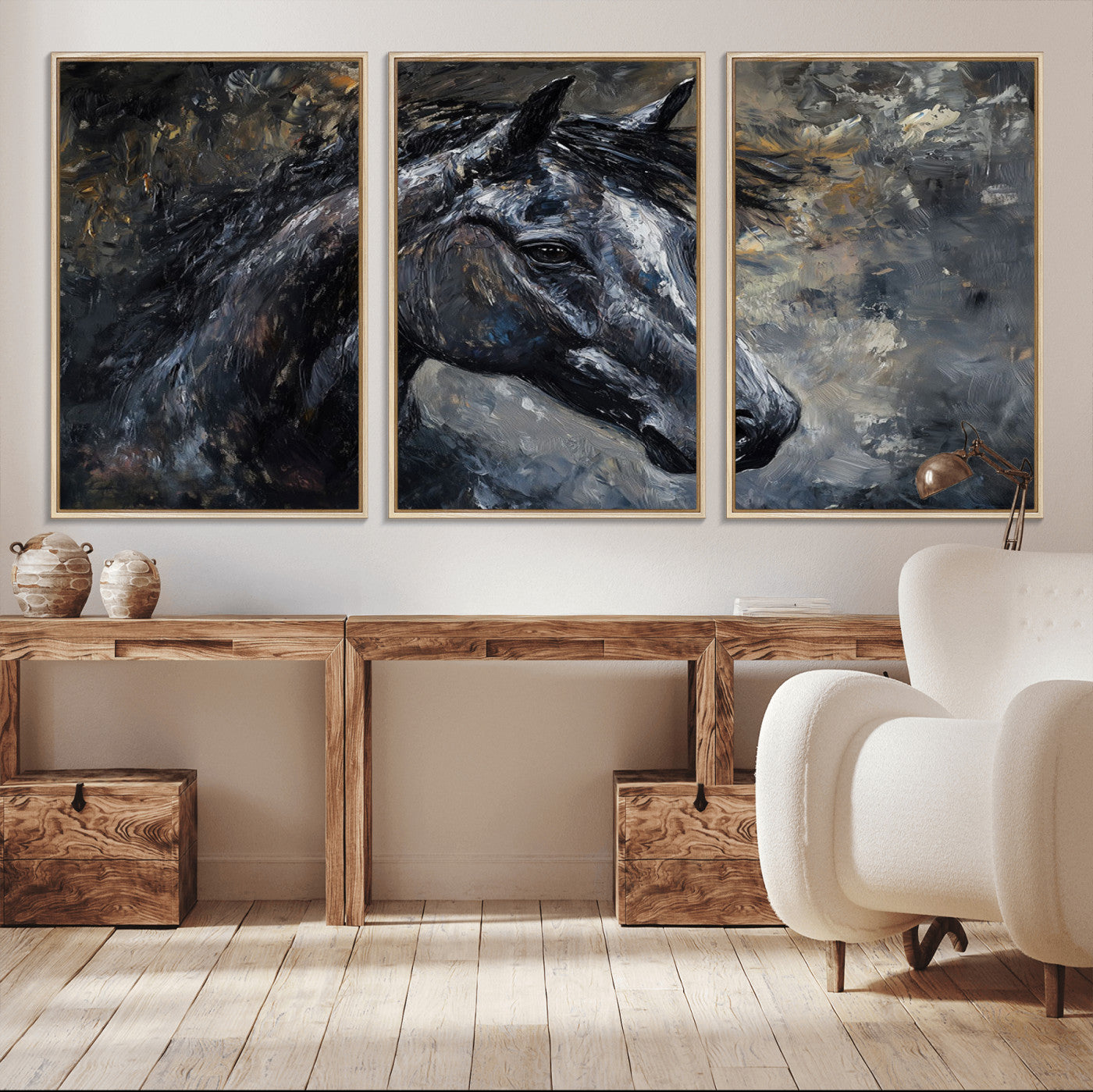 MGV-FC-60X30-3P - Large Abstract Horse Wall Art Canvas Print | Farmhouse Wall Decor | Rustic Horse Art | Western Cabin
