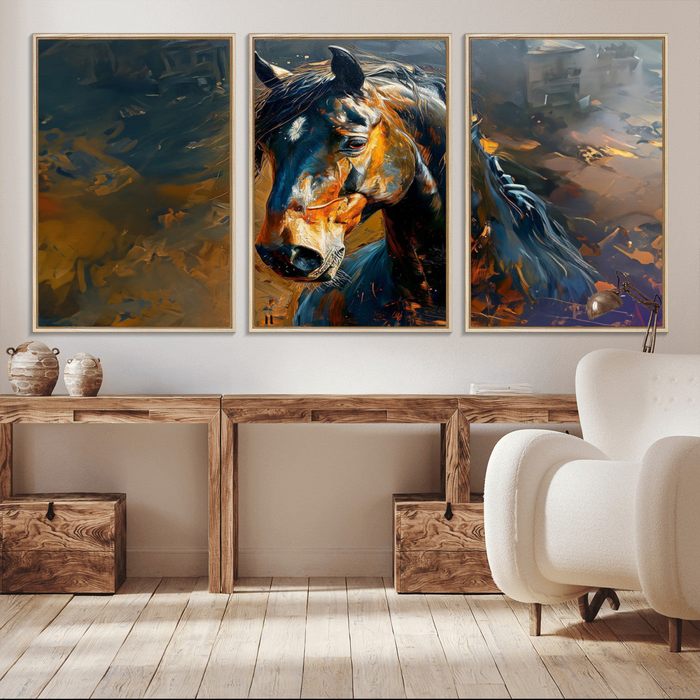 MGV-FC-60X30-3P - Abstract Horse Wall Art Canvas Print | Farmhouse Wall Decor | Western Cabin Art | Rustic Horse Decor