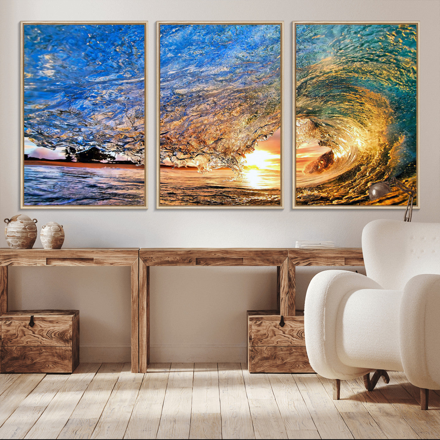 MGV-FC-60X30-3P - Ocean Wave at Sunset Canvas Wall Art – Vibrant Coastal Beach Waves Print, Large Nautical Decor,