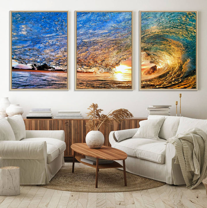 The Ocean Wave at Sunset Canvas Art captures vibrant coastal colors, perfect for nautical decor.