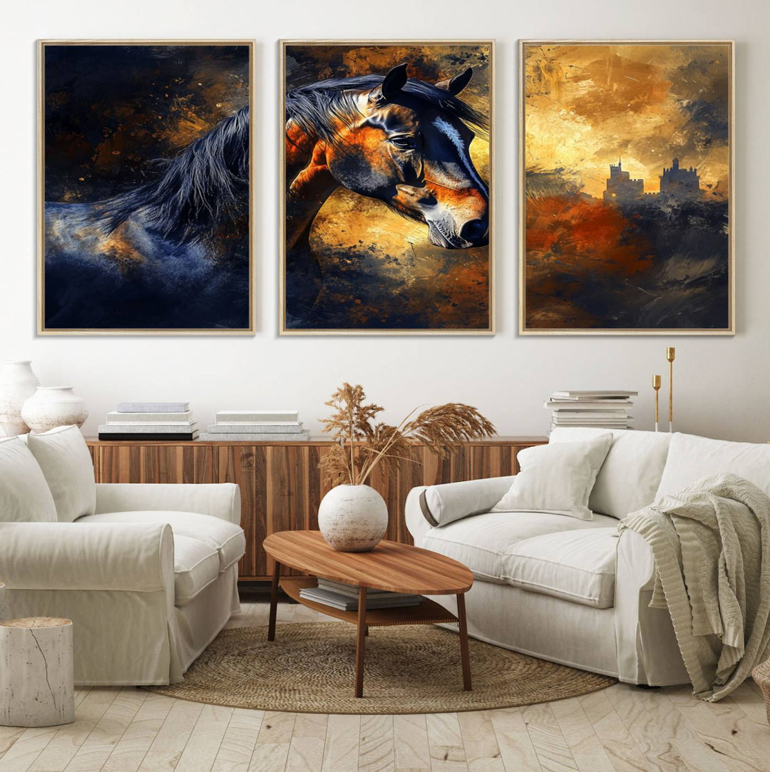 Abstract Horse Art Print on canvas, featuring a colorful background, perfect for rustic farmhouse or equestrian decor.