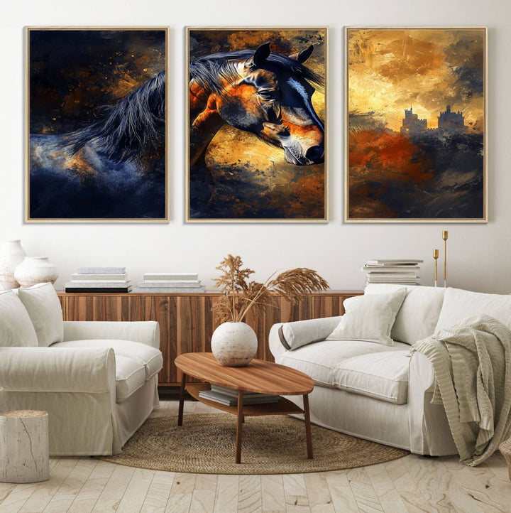 Abstract Horse Art Print on canvas, featuring a colorful background, perfect for rustic farmhouse or equestrian decor.