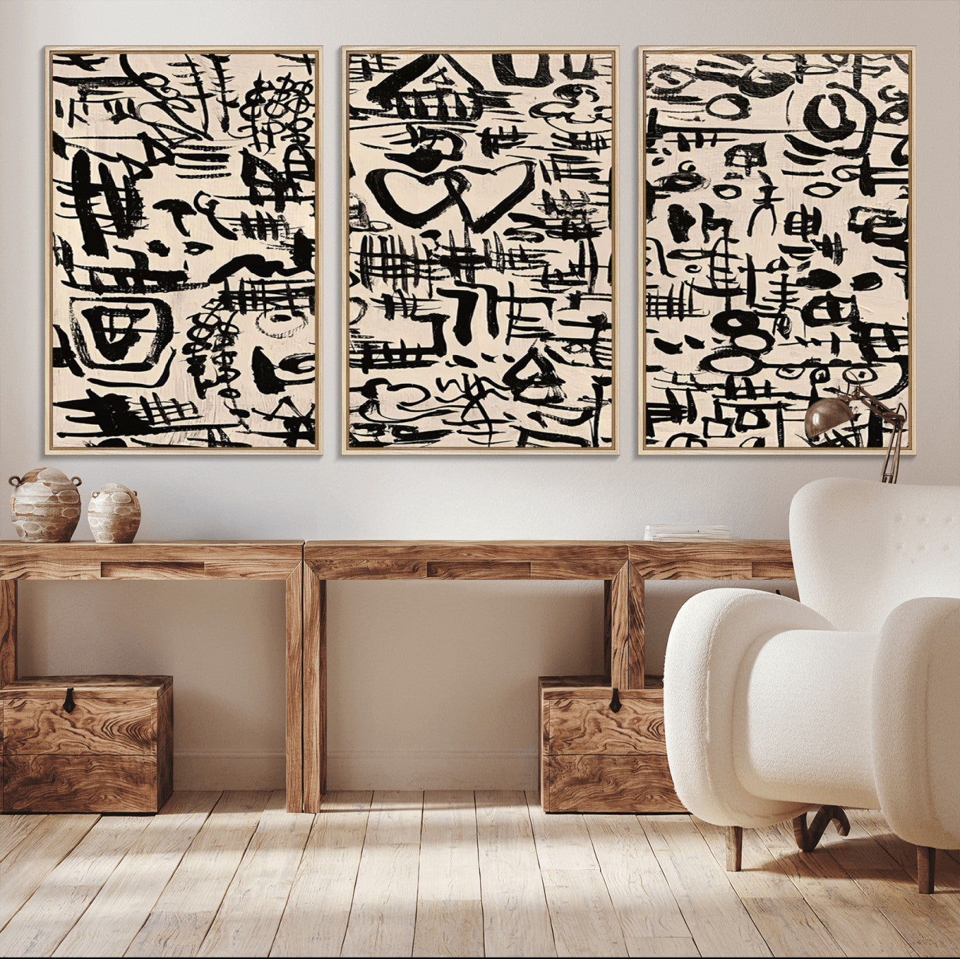 68273-MGV-FC-60X30-3P - Abstract Love and Chaos Canvas Print, Black Symbols on Beige