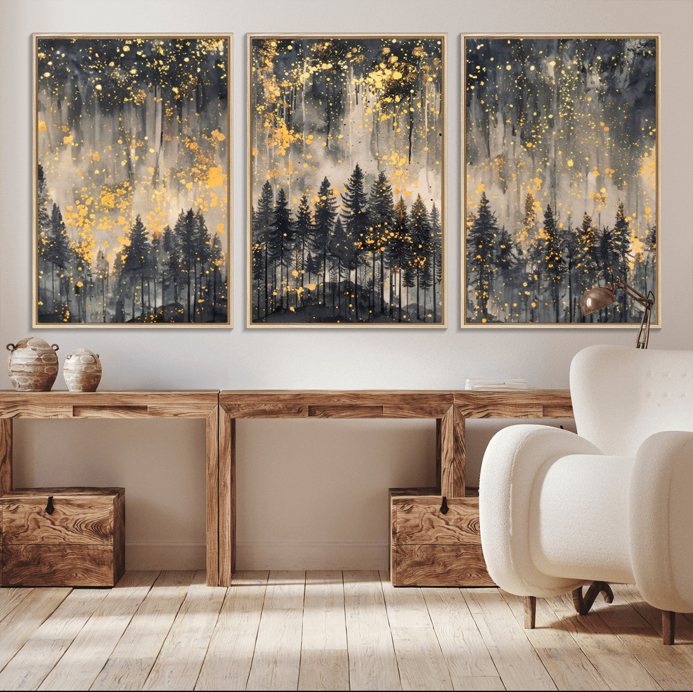 -Golden Forest Abstract Wall Art | Dark Forest with Gold Splatter Accents | Triptych Ready to Hang