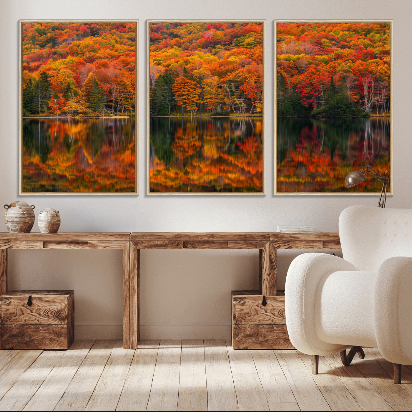 MGV-FC-60X30-3P - Fall Foliage Wall Art - Autumn Reflection Canvas Print, Stunning Fall Foliage Wall Art, Serene Lake